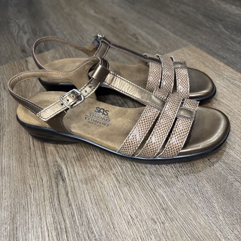 SAS T-Strap Sandals Tripad Comfort Women 7.5N Brown Bronze Leather Snakeskin USA
